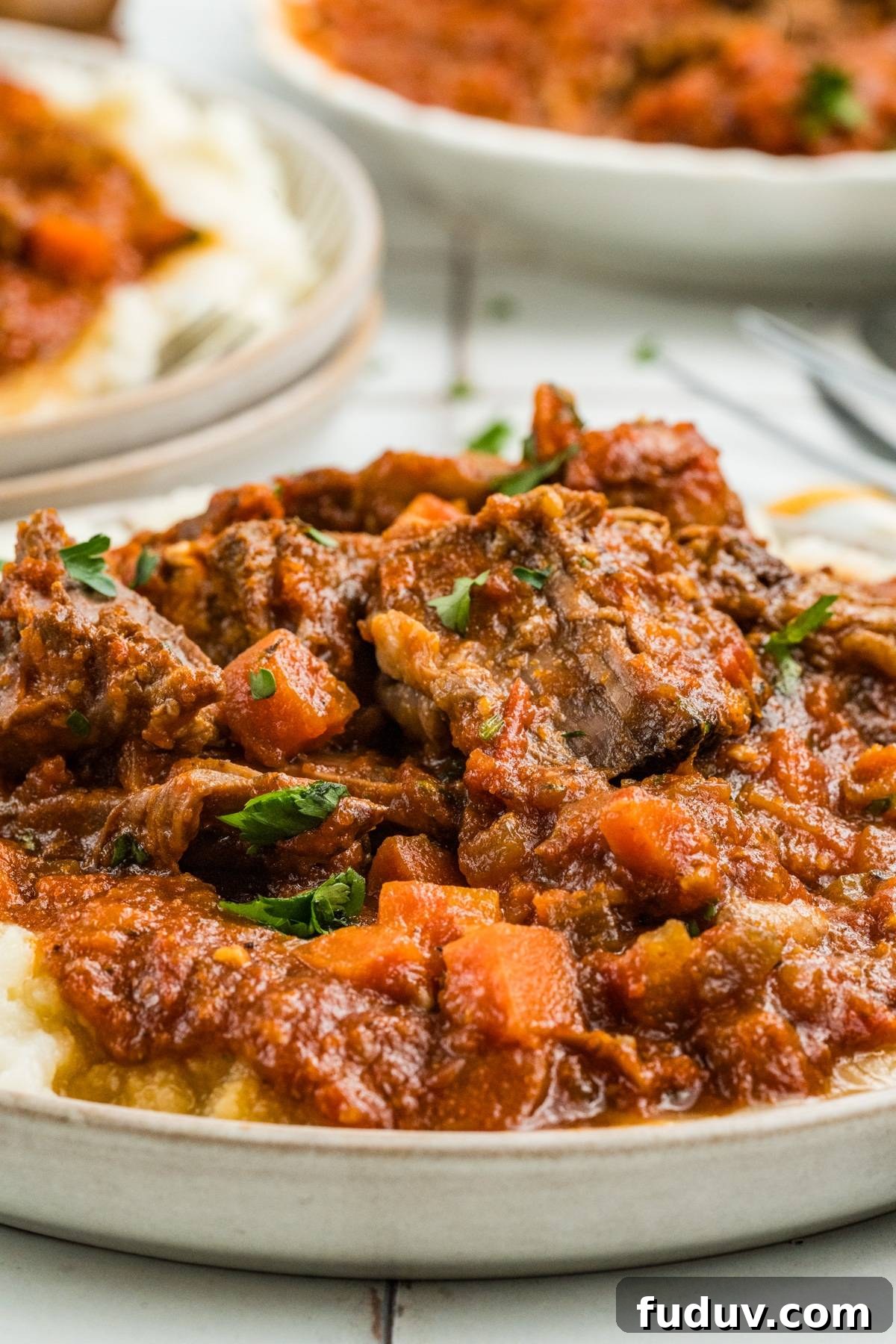 A plate of braised beef stew with carrots and tomato sauce served over mashed potatoes.