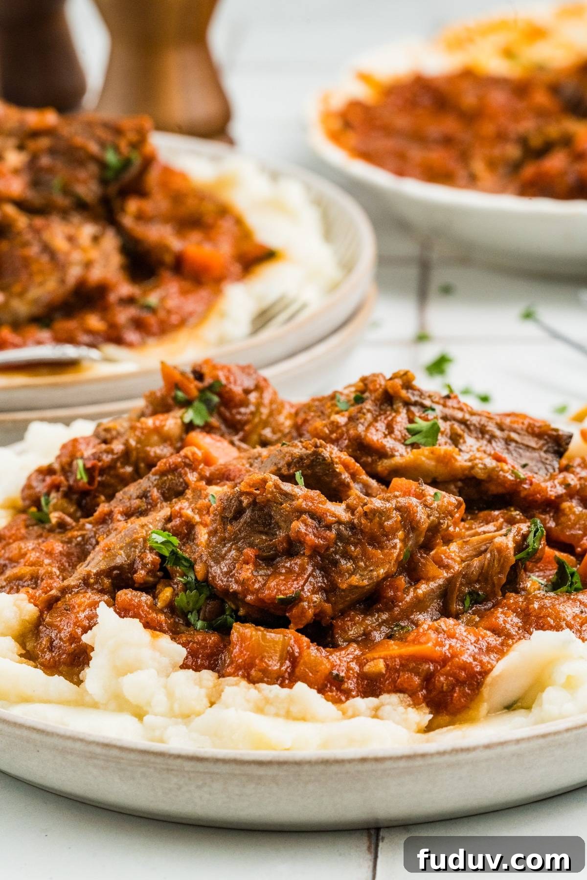 Beef stew with tomato sauce served over mashed potatoes on a white plate.