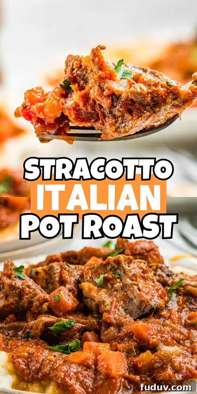 Close-up of stracotto, an Italian pot roast simmered with tomato sauce and vegetables, text overlay reads "Stracotto Italian Pot Roast.