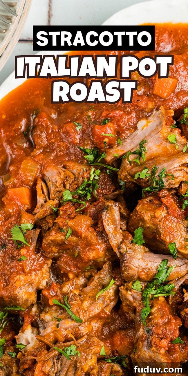 Close-up of succulent stracotto, an Italian pot roast simmered in rich tomato sauce and topped with chopped parsley, with text overlay above.