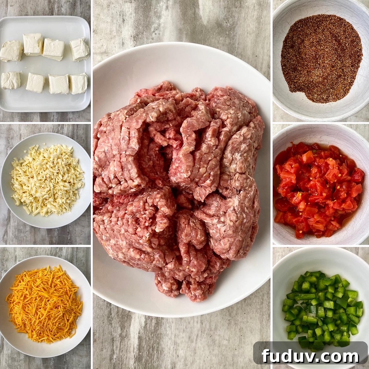 collage of ingredients for beef queso dip