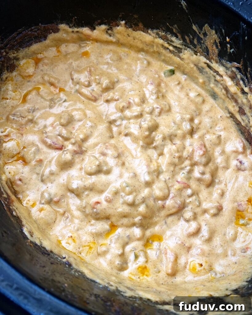 overhead shot of cooked beef queso dip in the slow cooker