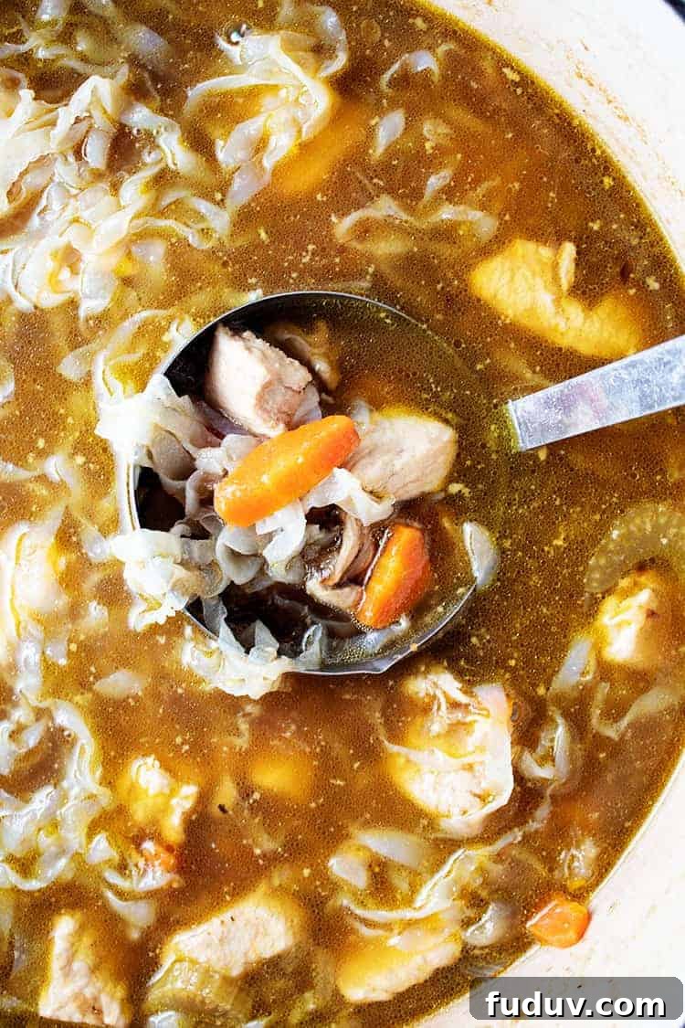 overhead view of keto chicken noodle soup with ladle