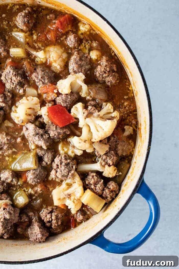 side view of large pot of low carb vegetable beef soup