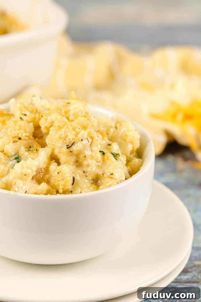 white bowl containing a serving of keto mac and cheese