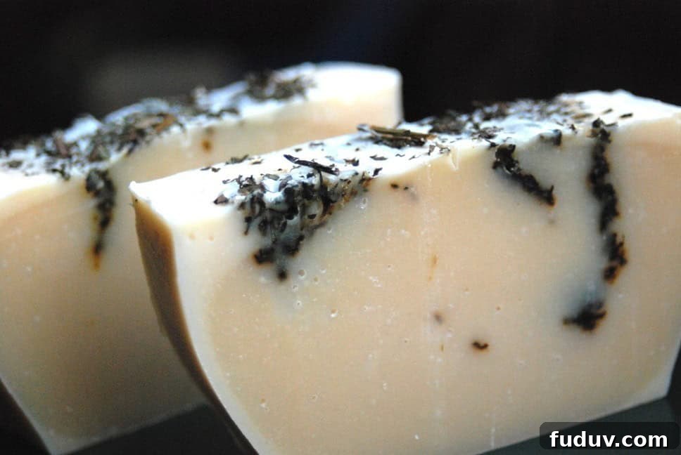 Top Essential Oil Blend Recipes for Soap Making 3 Image shows a close up of two bars of homemade spearmint patchouli soap in its side