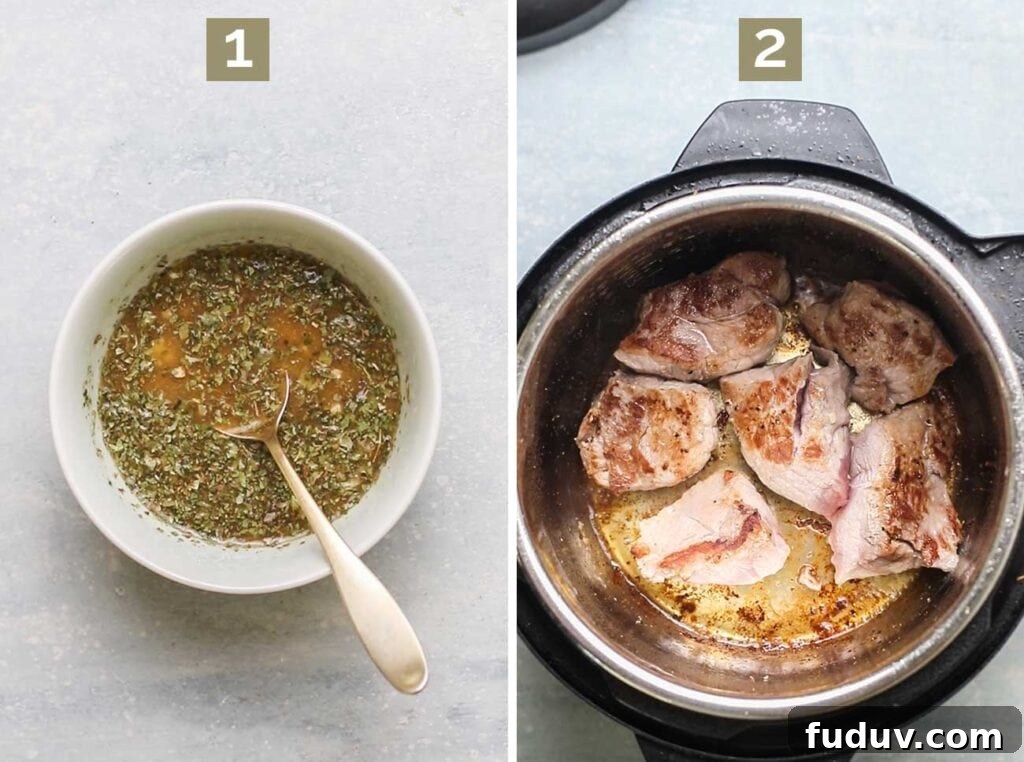 Step 1 shows mixing together the marinade, and step 2 shows browning the pork in an instant pot.