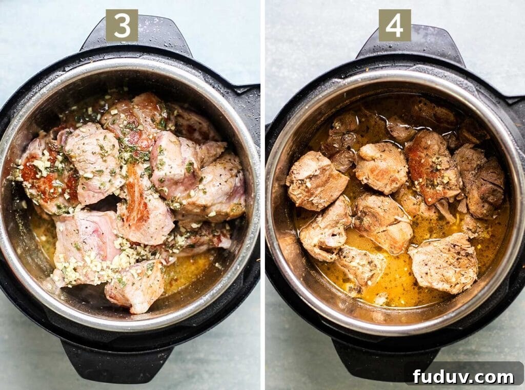 Step 2 shows adding the marinade to the instant pot, and step 4 shows pressure cooking the pork for 40 minutes.