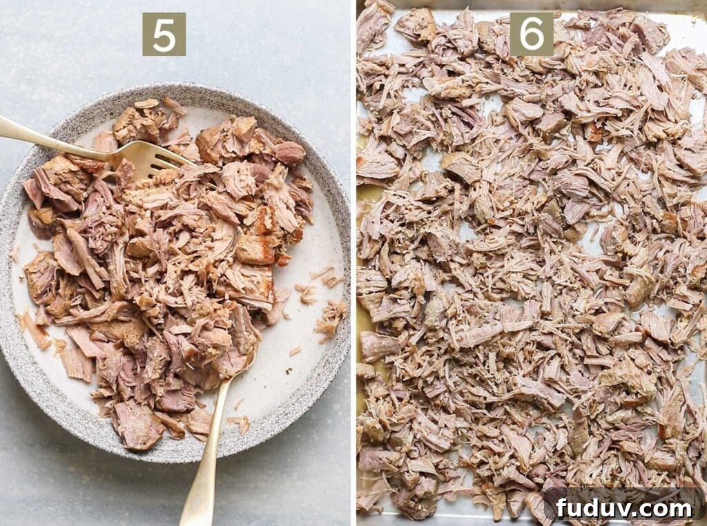Step 5 shows to shred the pork with forks, and step 6 shows adding the pork to a sheet pan with juice.