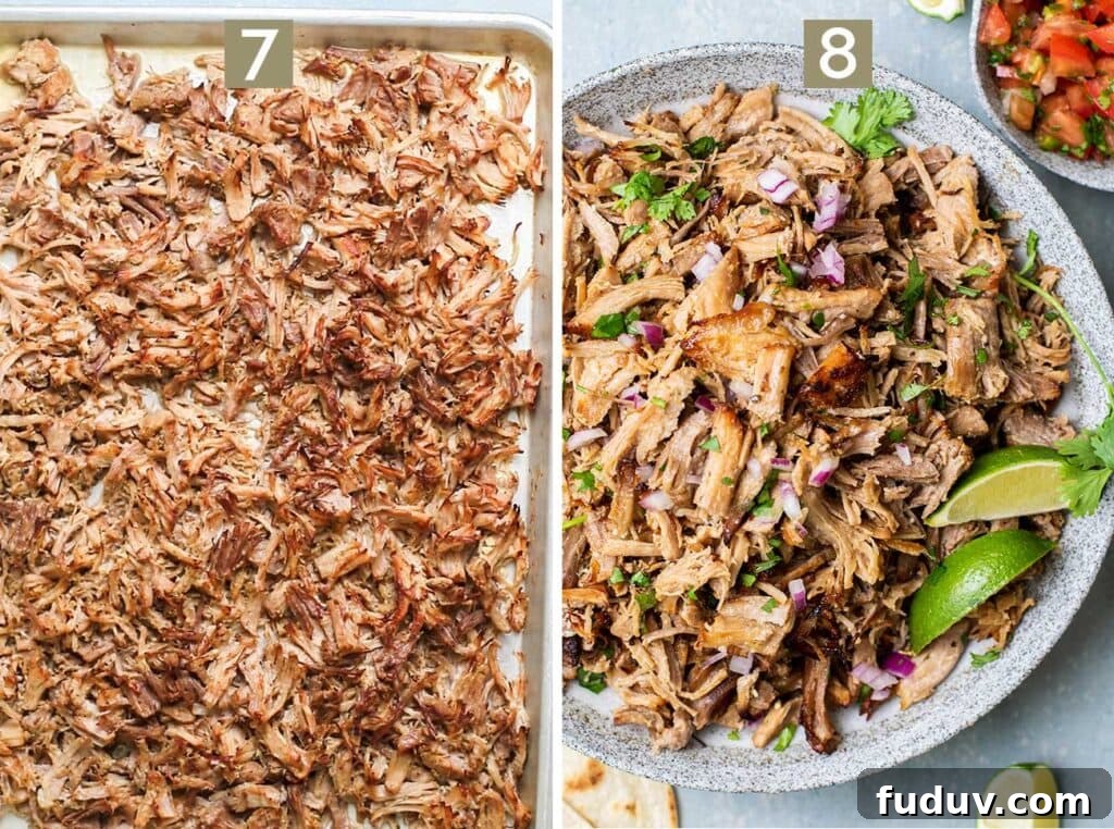 Step 7 shows adding more juice, and turning the pork over to broil evenly, and step 8 shows serving the pork with cilantro and lime.