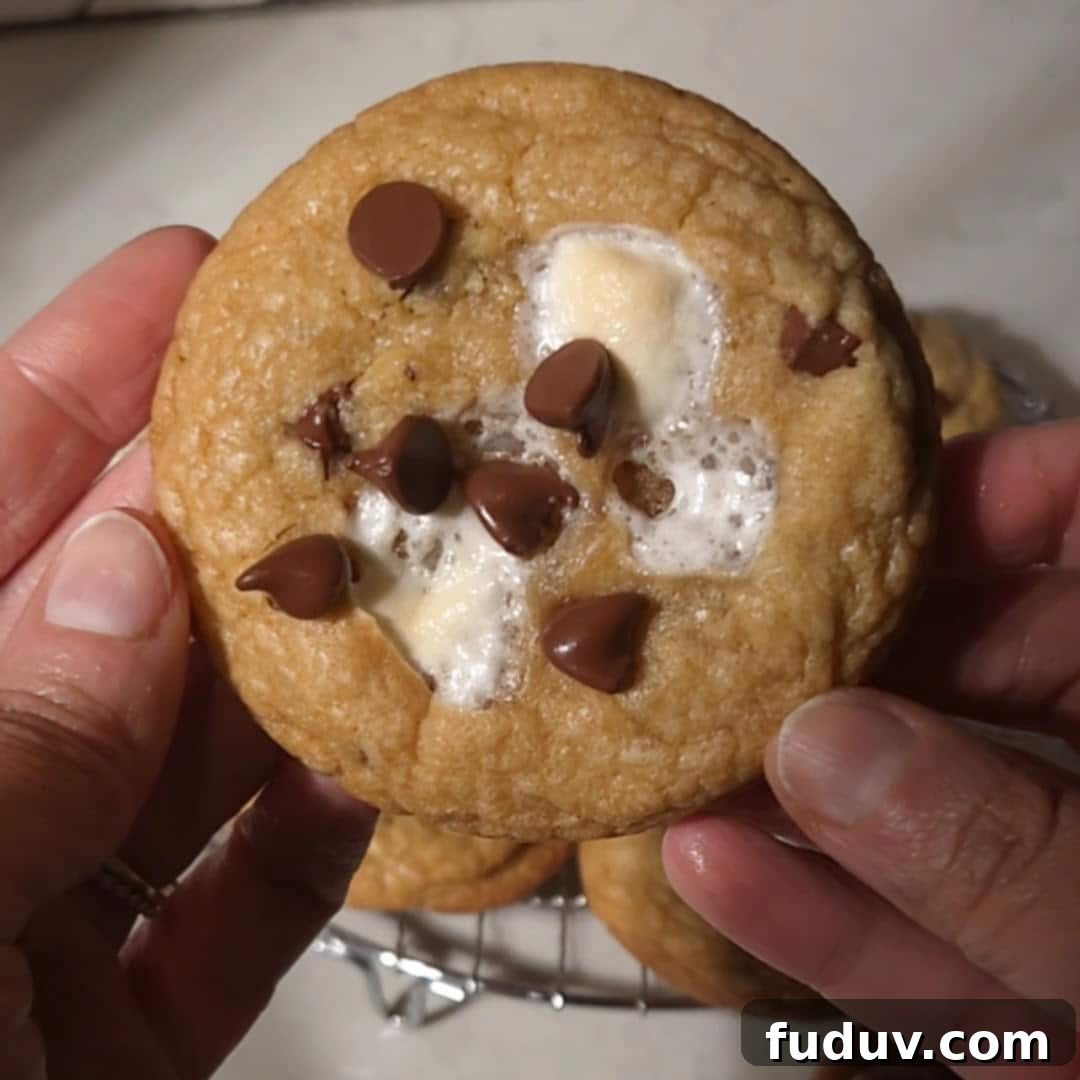 Chewy Chocolate Chip and Gooey Marshmallow Cookies 13 Close-up of a freshly baked chocolate chip marshmallow cookie held in both hands, featuring gooey marshmallow centers and melted chocolate chips.