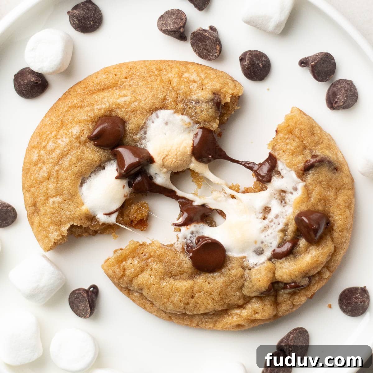 Chewy Chocolate Chip and Gooey Marshmallow Cookies 19 Close-up of a plate filled with chocolate chip marshmallow cookies, with a broken cookie revealing gooey marshmallow and chocolate interiors.