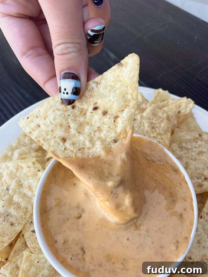 Queso fiesta dip in a small bowl surrounded by tortilla chips on a large plate. A chip with cheese dip on it is held part way on top of the bowl.