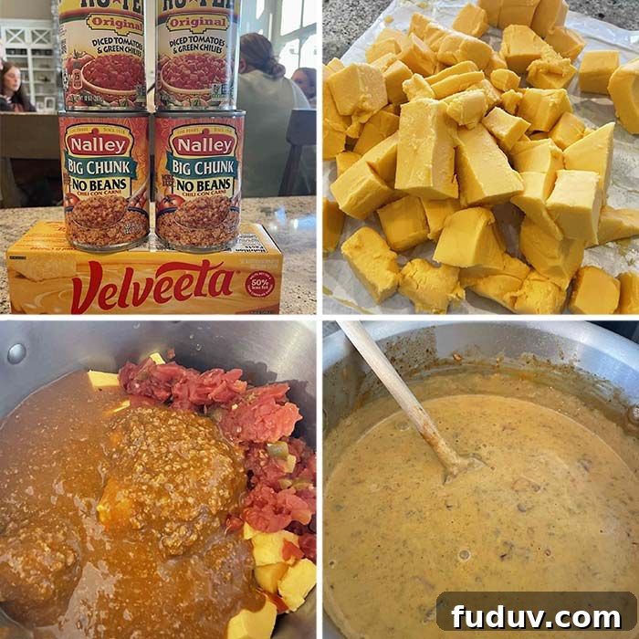 Creamy 3-Ingredient Velveeta Fiesta Dip Recipe 4 4-photo picture collage of step-by-step photos of how to make three ingredient velveeta fiesta dip.