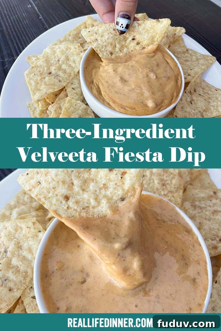 Two-photo Pinterest collage of Three-Ingredient Velveeta Fiesta Dip with the text of the title in the middle, separating the two photos.