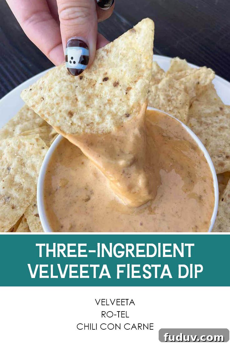 Creamy 3-Ingredient Velveeta Fiesta Dip Recipe 7 Pinterest picture of Three-Ingredient Fiesta Dip with the text of the ingredients at the bottom and the text of the title above the ingredients list.