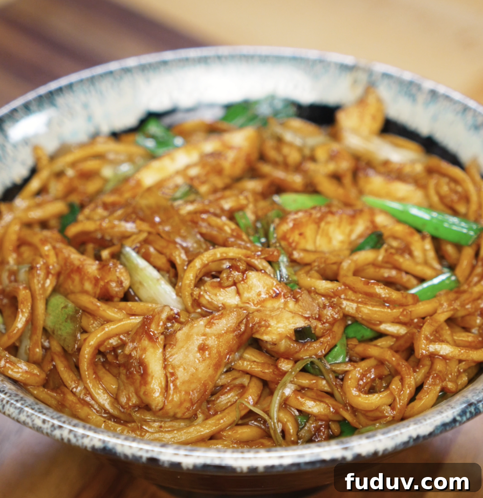 Crispy Chicken Pan-Fried Noodles with Savory Stir-Fry Sauce 2 A bowl is filled with chicken pan fried noodles, coated in a dark glossy sauce and mixed with scallions, onions, and cabbage. This comforting stir-fry is ready to serve.