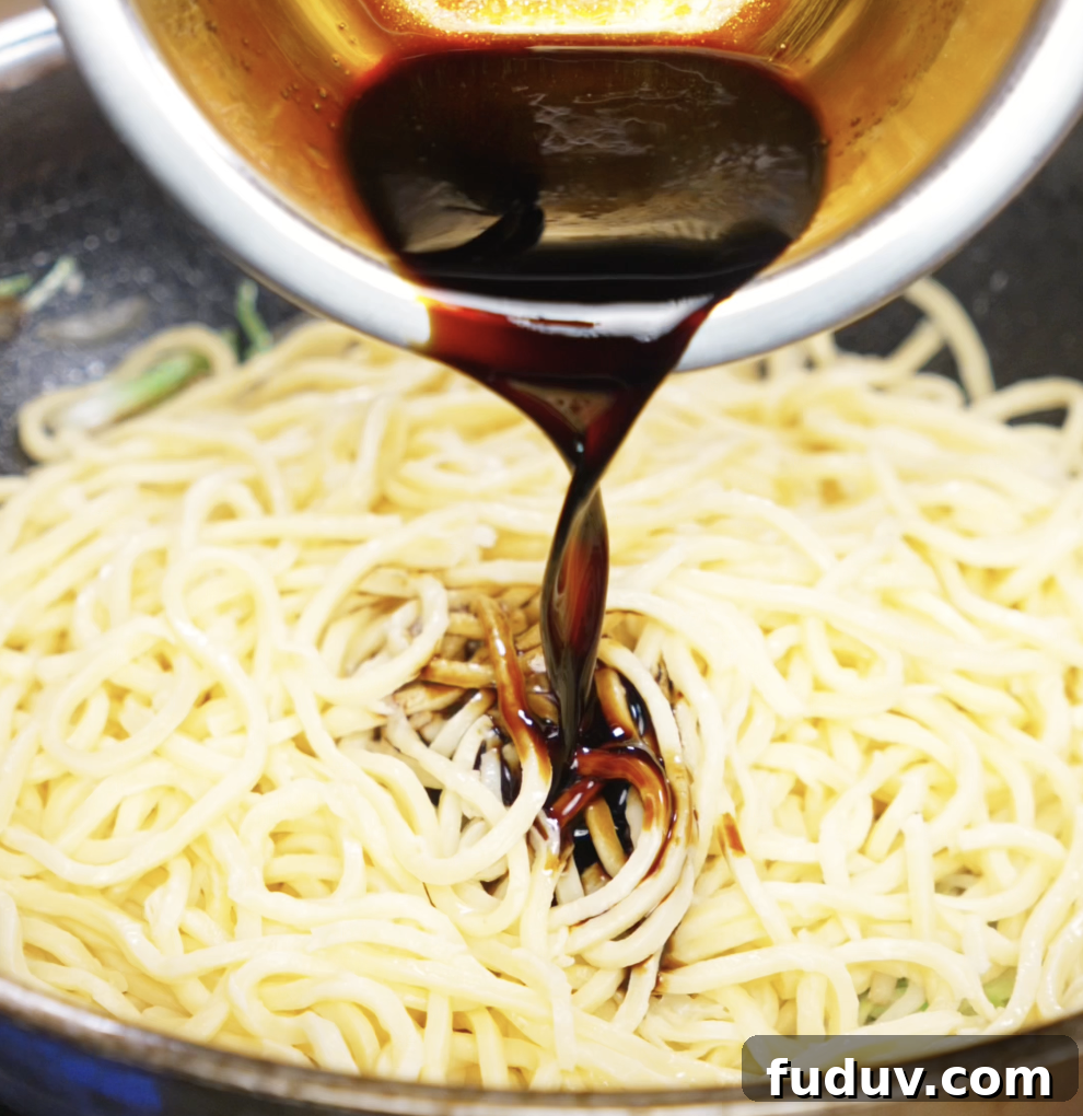 Crispy Chicken Pan-Fried Noodles with Savory Stir-Fry Sauce 8 A rich, dark soy-based sauce is being poured over just-cooked noodles in the wok. The sauce will coat the noodles and tie all the flavors together.
