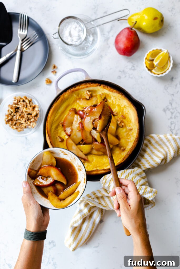 Spiced Pear & Walnut Dutch Baby assembly