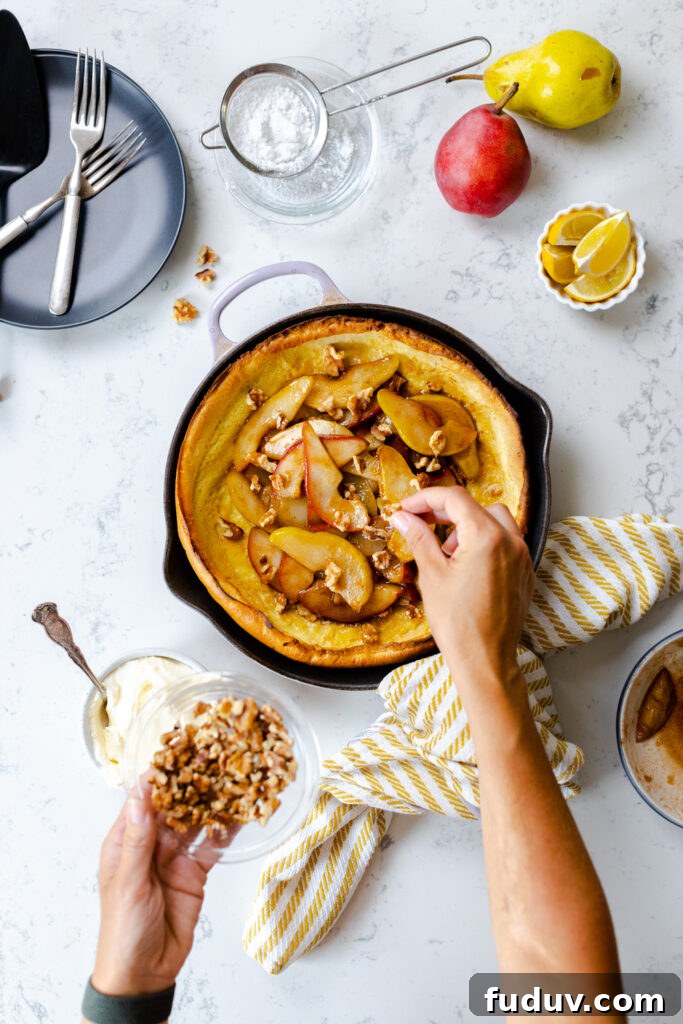 Spiced Pear & Walnut Dutch Baby layering