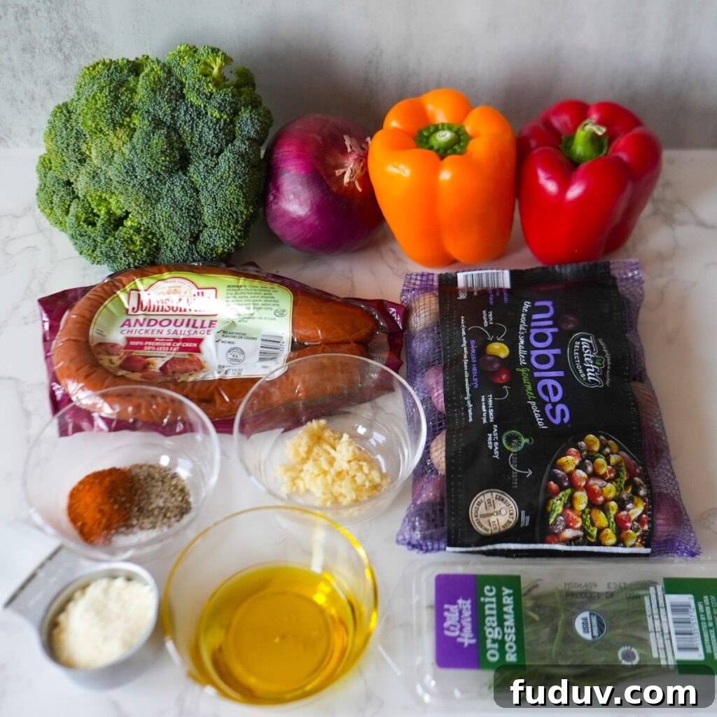 Ingredients for sheet pan sausage and veggies.