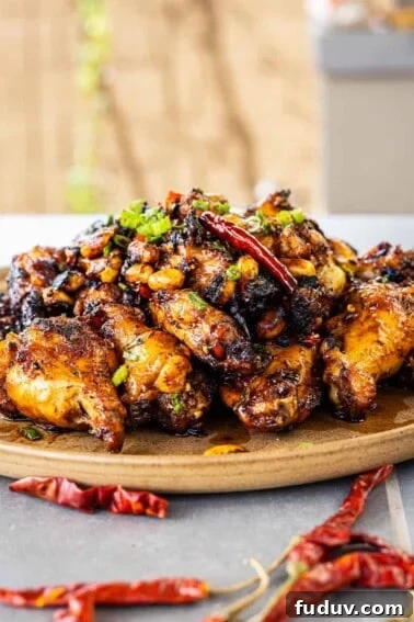 Grilled Kung Pao Chicken Wings plated and ready to serve.