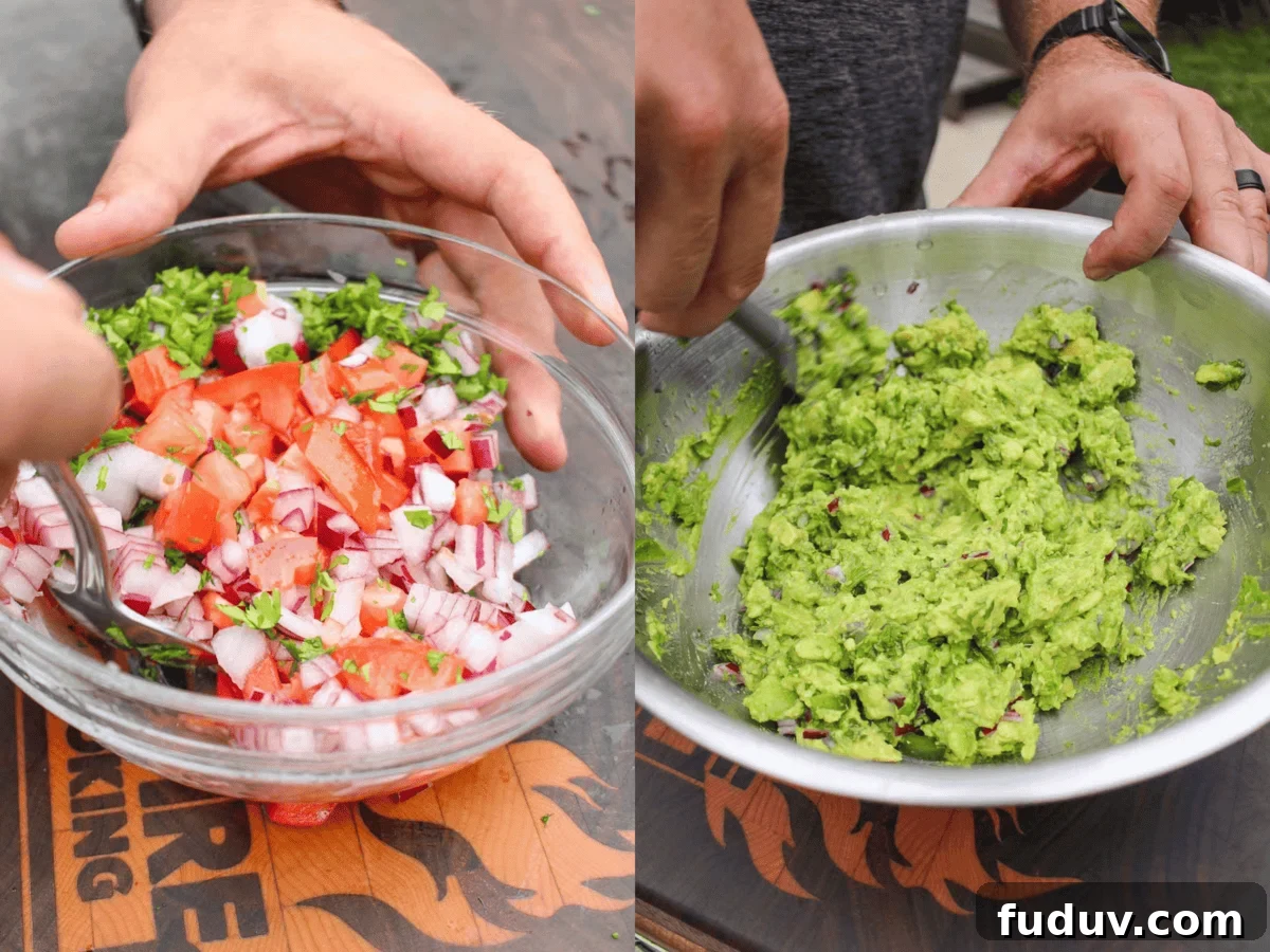 Mixing together the salsa and then the guacamole.