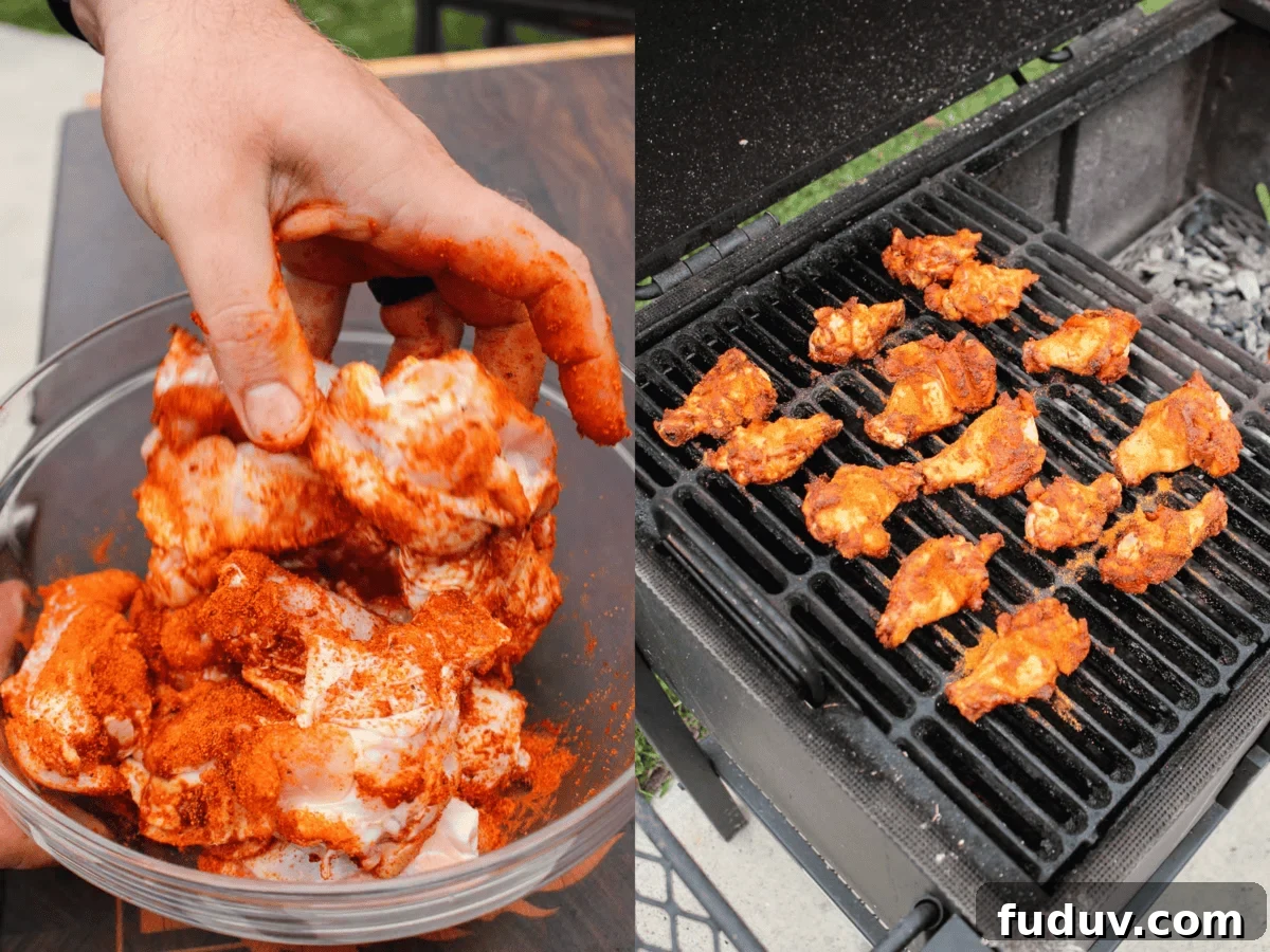 Placing the chicken wings on the smoker.