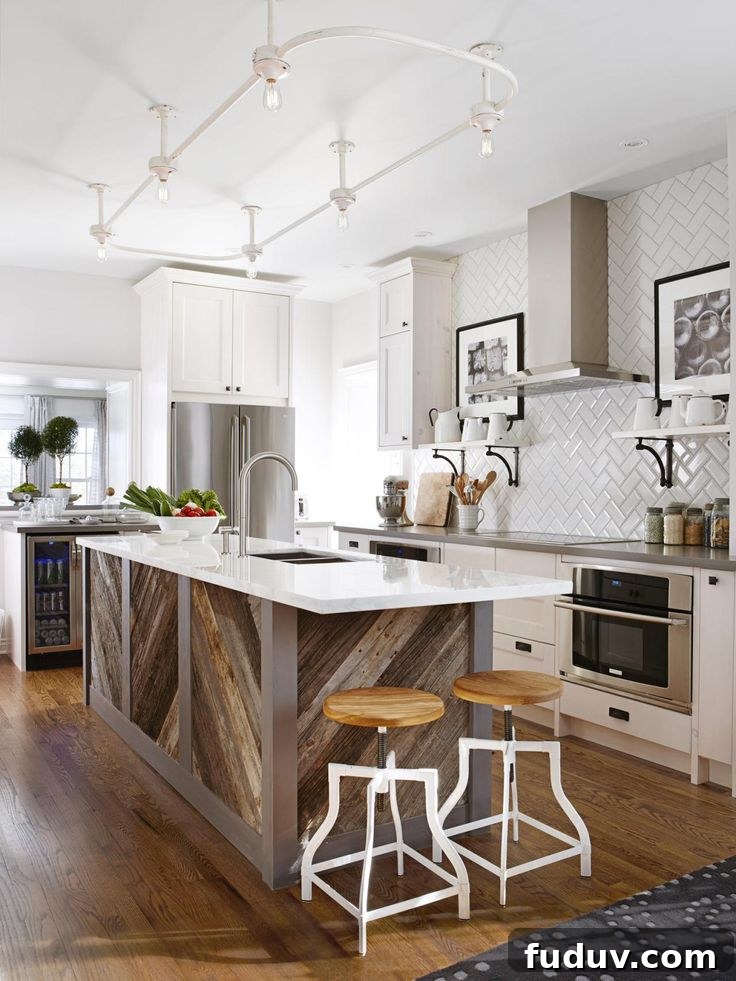 25+ Stunning All-White Kitchen Designs for Timeless Style 13 Rustic Island in White Transitional Kitchen | 25+ Dreamy White Kitchens