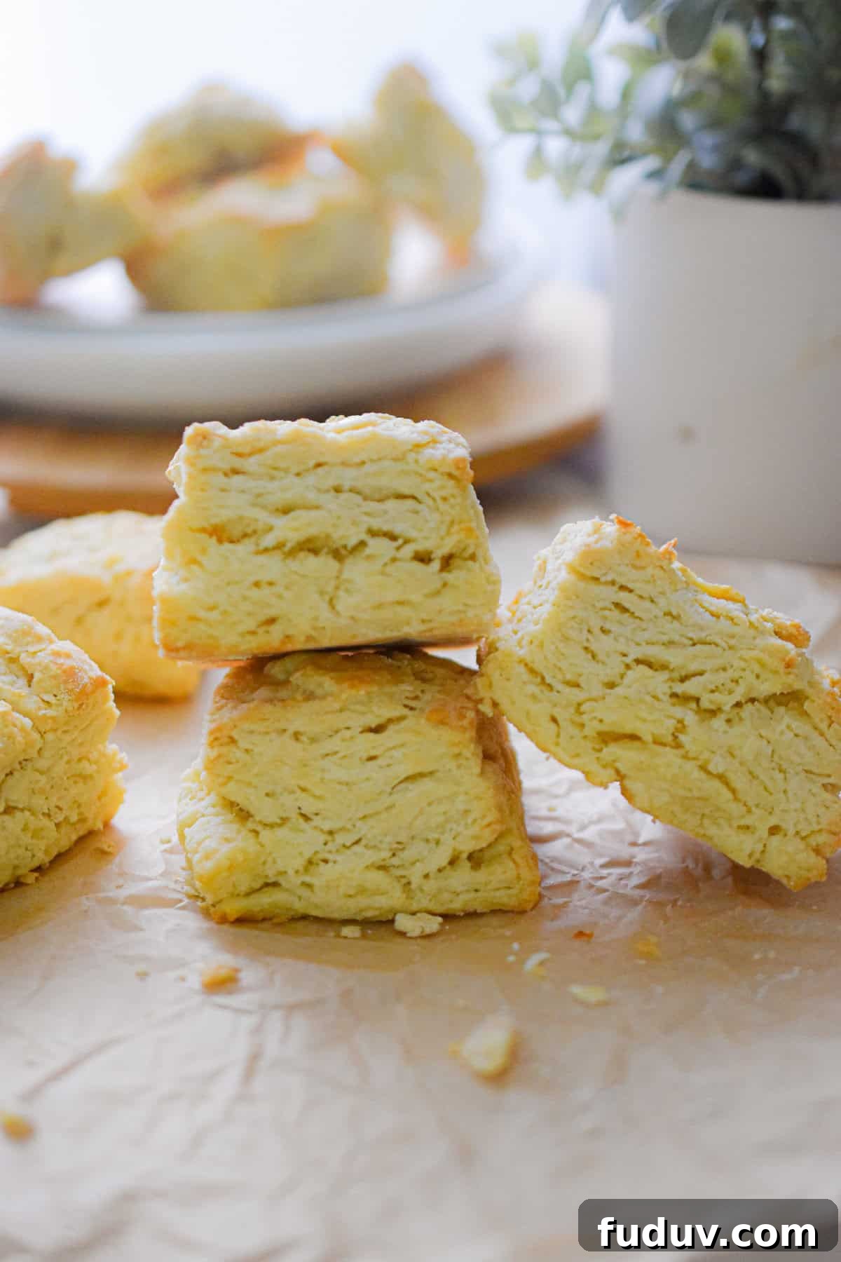 Two self rising flour biscuits are stacked with one leaning on the other and a plant in the background.