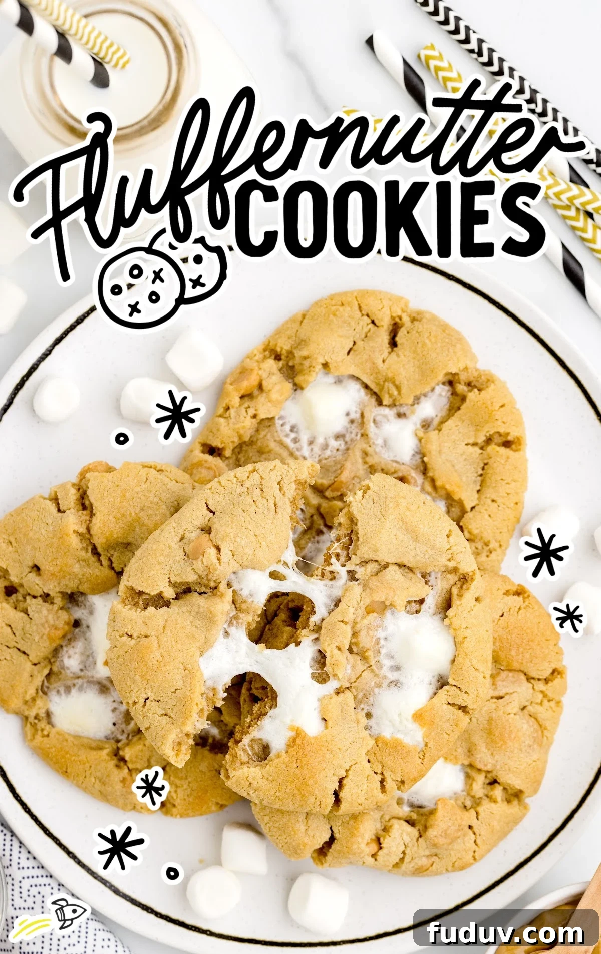 Fluffernutter Cookie Recipe: Gooey Peanut Butter and Marshmallow Cookies 2 overhead shot of Fluffernutter Cookies on a plate