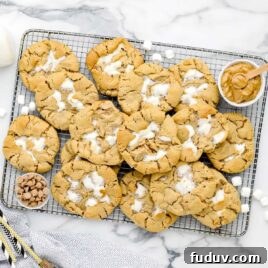 Fluffernutter Cookie Recipe: Gooey Peanut Butter and Marshmallow Cookies 12 overhead shot of Fluffernutter Cookies on a cooling rack