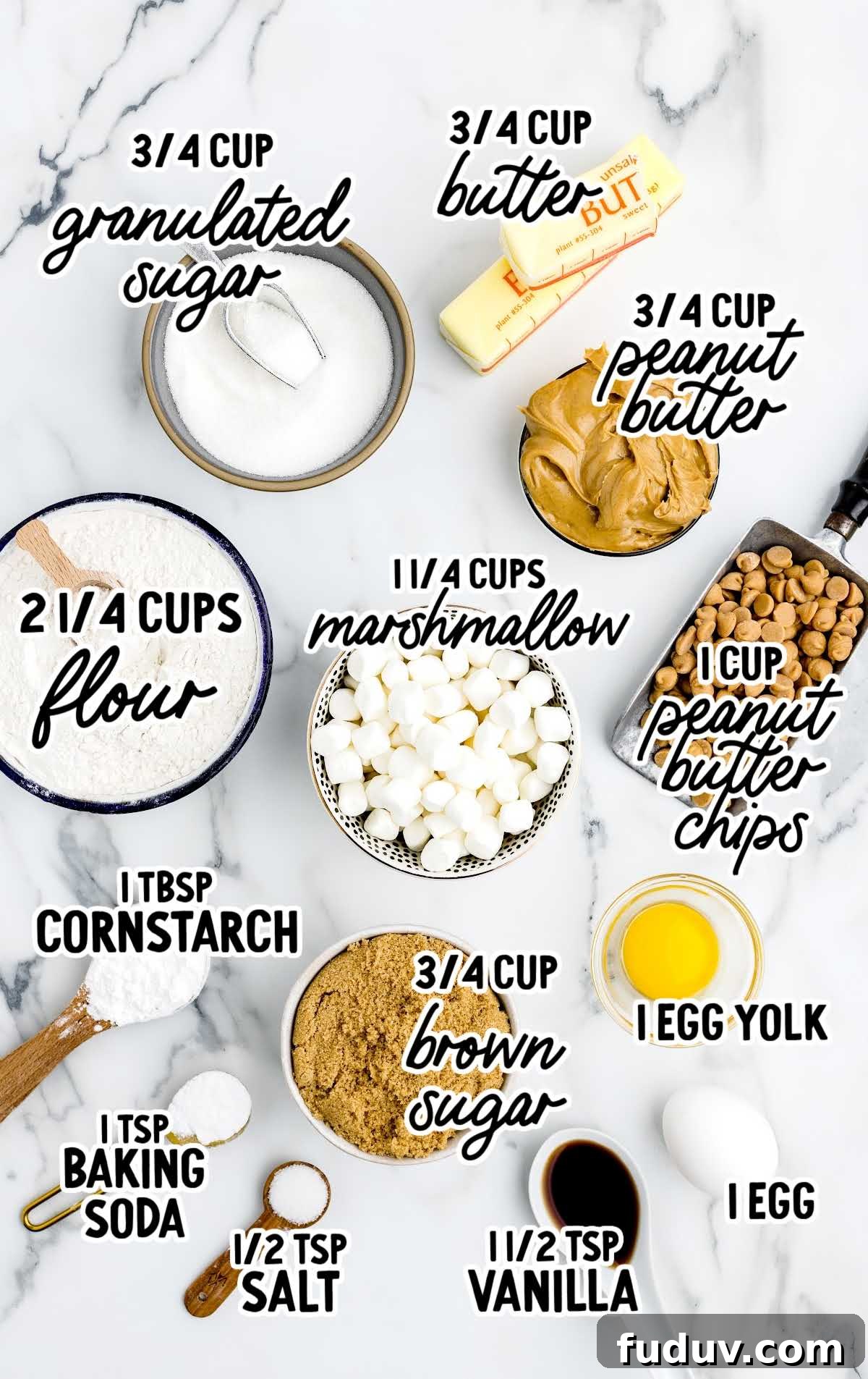 Fluffernutter Cookie Recipe: Gooey Peanut Butter and Marshmallow Cookies 3 Fluffernutter Cookies raw ingredients that are labeled