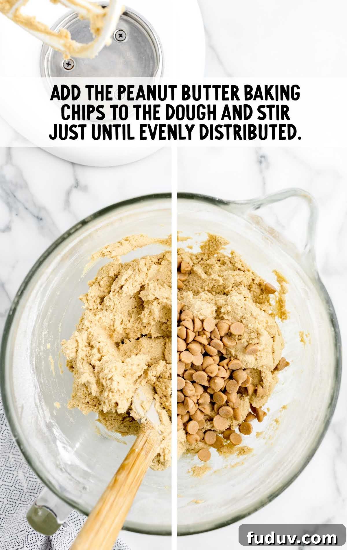 Fluffernutter Cookie Recipe: Gooey Peanut Butter and Marshmallow Cookies 6 peanut butter baking chips added to the dough and stirred in a bowl
