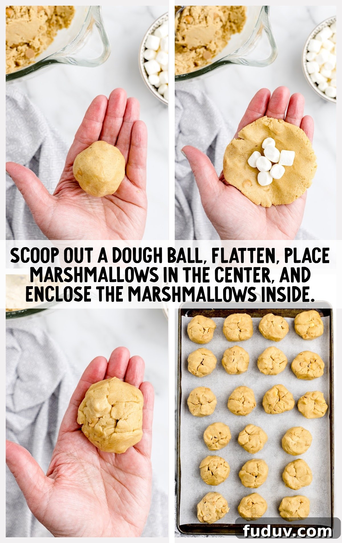Fluffernutter Cookie Recipe: Gooey Peanut Butter and Marshmallow Cookies 7 flatten dough and place marshmallow inside and enclose marshmallow