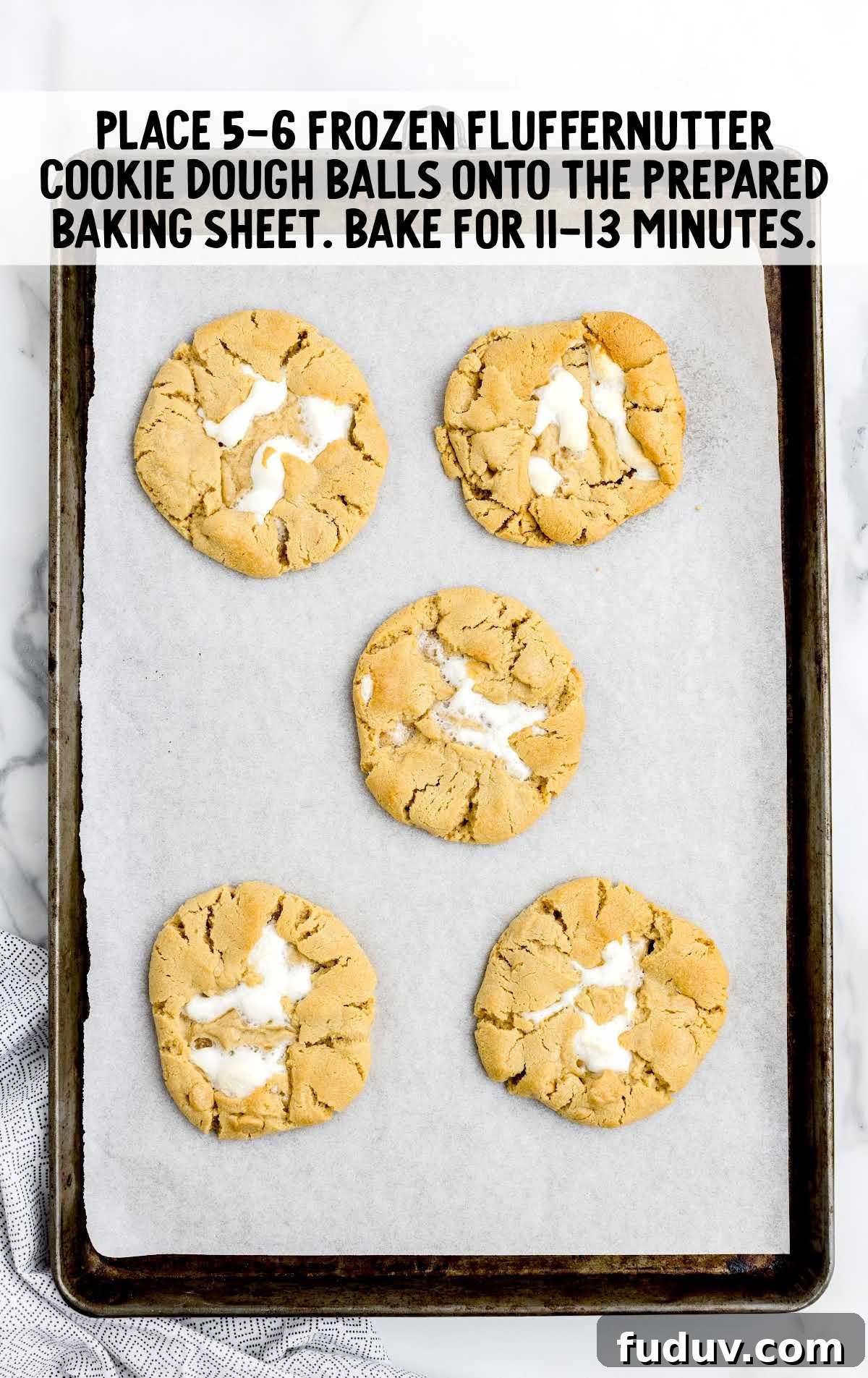 Fluffernutter Cookie Recipe: Gooey Peanut Butter and Marshmallow Cookies 8 cookie dough placed onto the baking sheet and baked