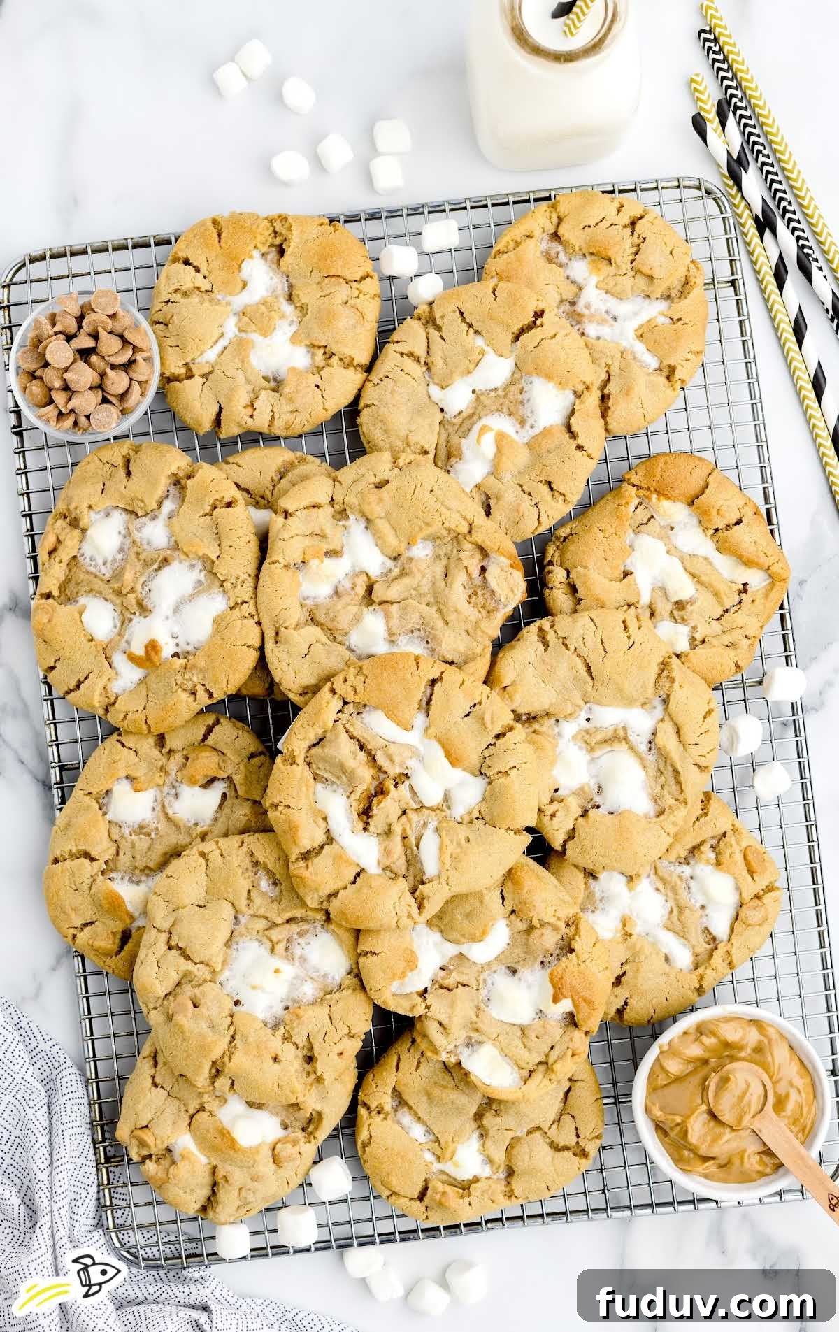 Fluffernutter Cookie Recipe: Gooey Peanut Butter and Marshmallow Cookies 9 overhead shot of Fluffernutter Cookies on a cooling rack