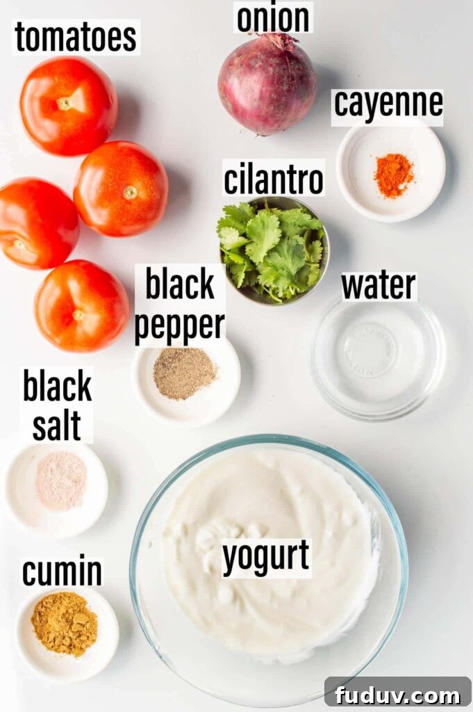 5-Minute Onion Tomato Raita Recipe for Quick Indian Sides 3 Labelled ingredients including tomatoes, onion, cilantro and yogurt.
