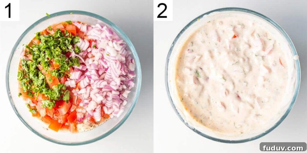 5-Minute Onion Tomato Raita Recipe for Quick Indian Sides 7 Two bowls, on the left with onions tomato and chopped cilantro, on the right mixed with yogurt.
