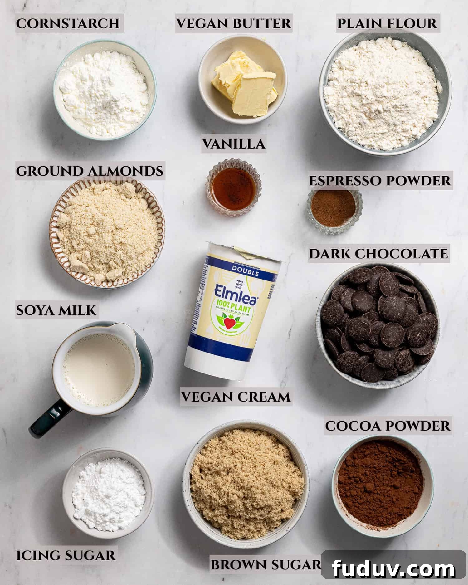 A labelled photo of the ingredients needed to make vegan chocolate cream pie.