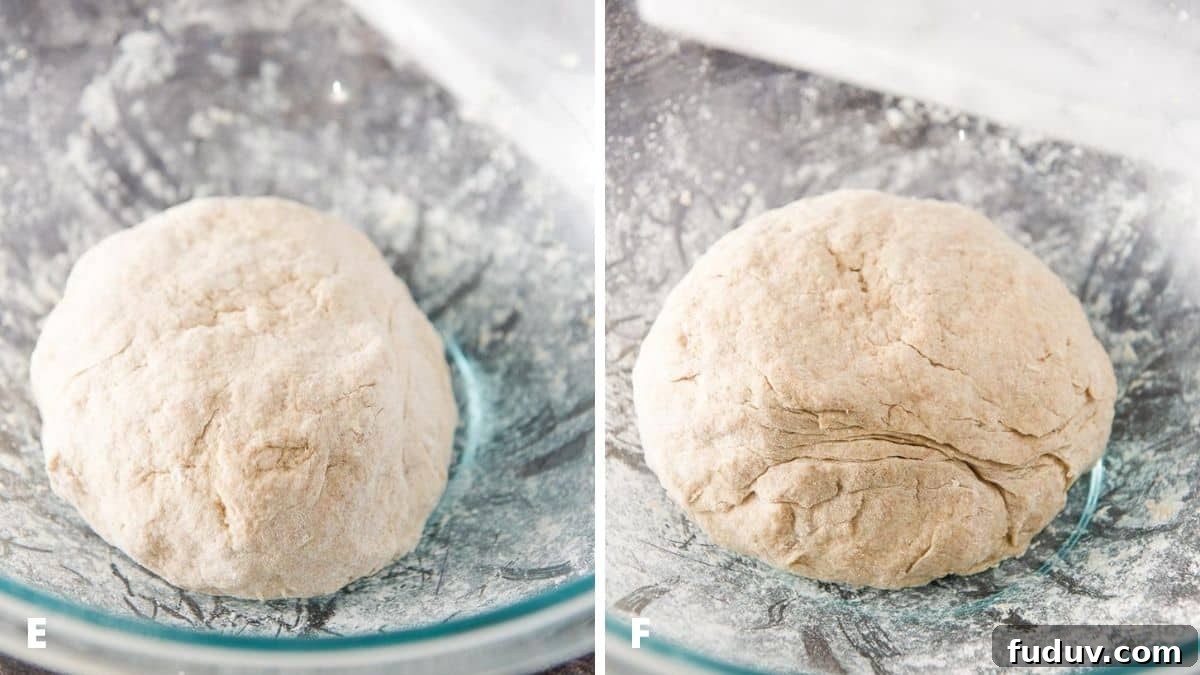On the left - the naan dough mixed together and the right is the dough after it rests