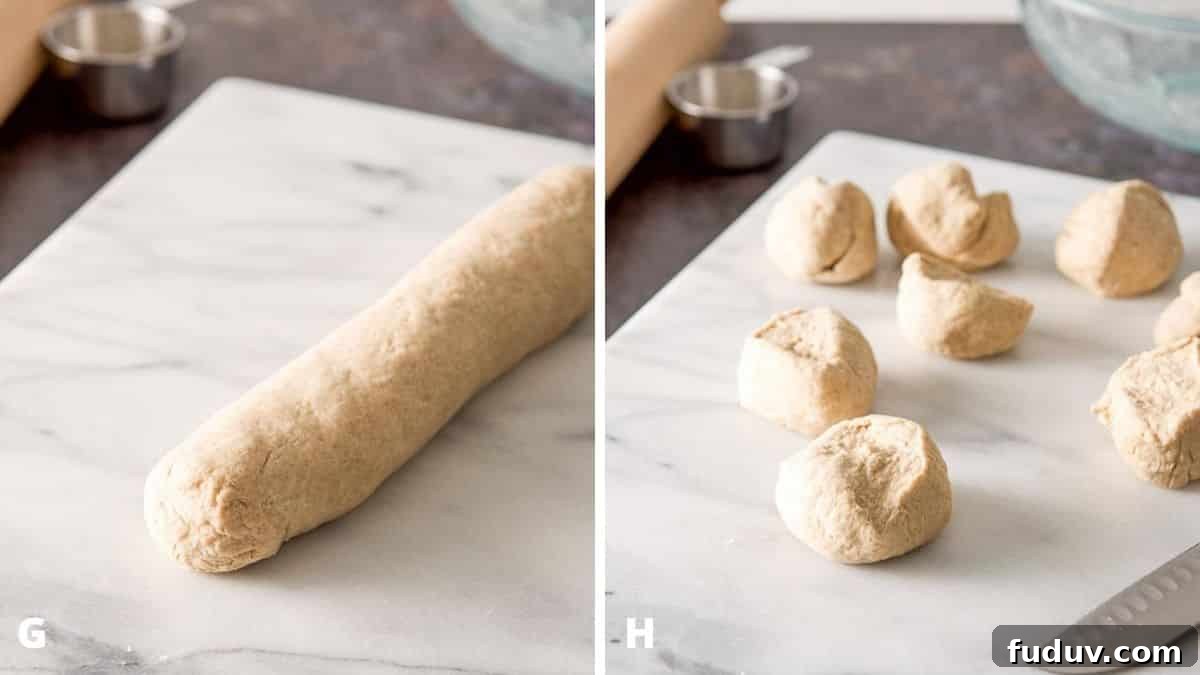 The dough rolled out into a log and then cut into smaller pieces