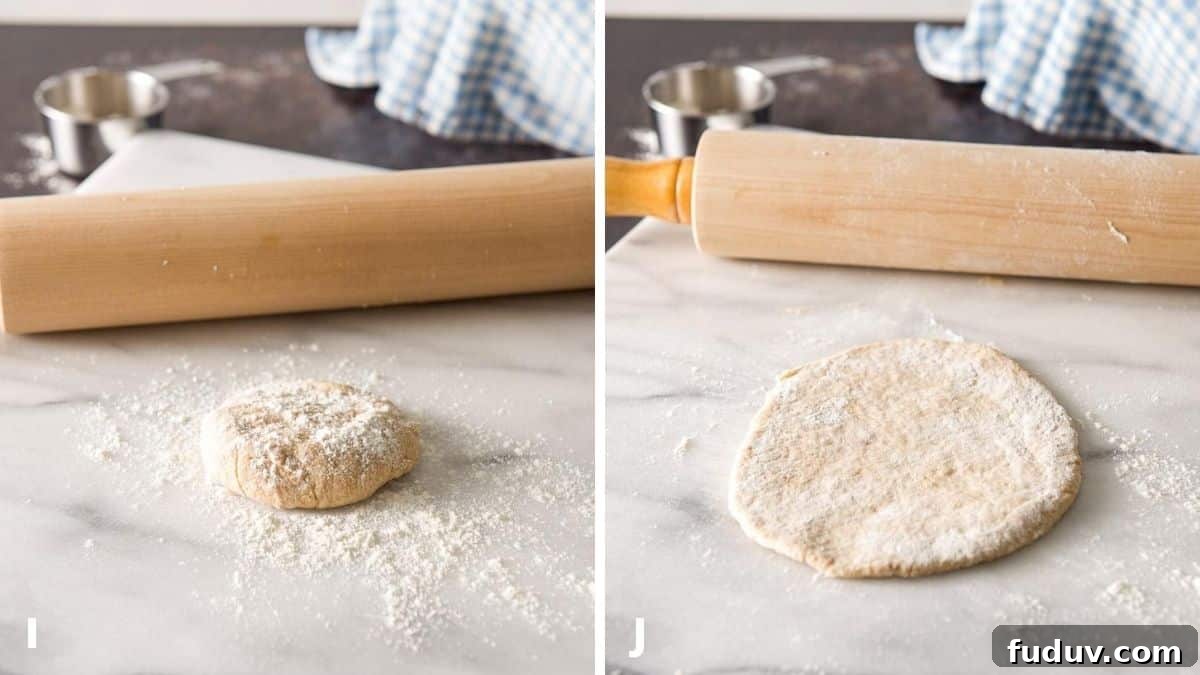 A ball of dough with flour on it on a marble board with a rolling pin behind it and then the ball rolled out in a circle