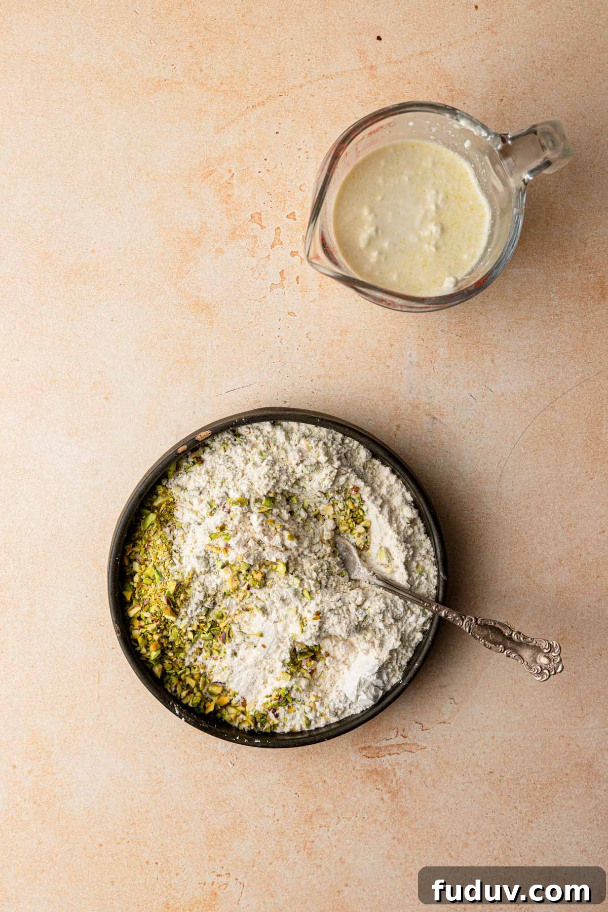 A bowl with flour, and chopped pistachio and a fork, next to a measuring cup with milk and sour cream.