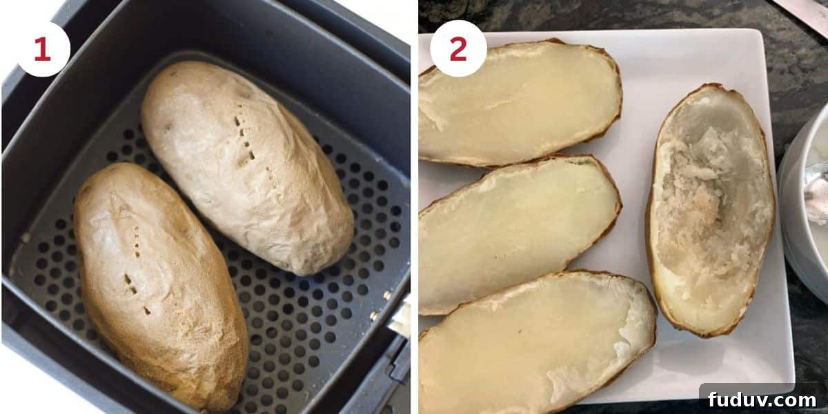 Air Fryer Twice-Baked Potatoes with Chicken and Crispy Bacon 4 Photos of the potatoes in the air fryer and the cooked potatoes cut in half.