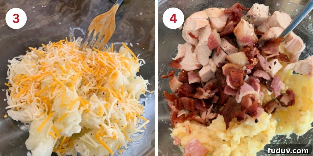 Air Fryer Twice-Baked Potatoes with Chicken and Crispy Bacon 5 Mixing the soft potato centers with the cheese, bacon, and chicken.