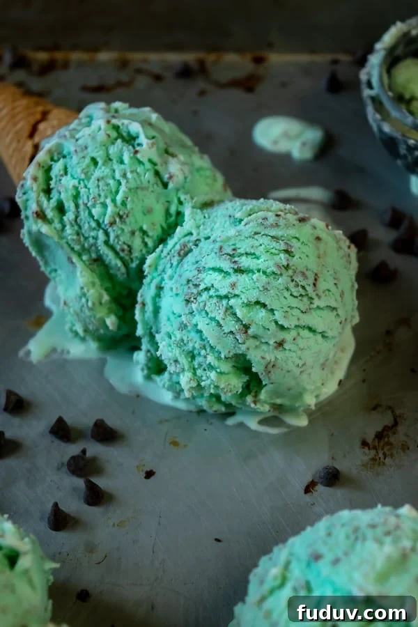 Homemade Mint Chocolate Chip Ice Cream Cone melting on a tray