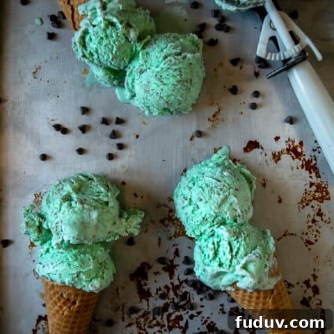 Homemade Mint Chocolate Chip Ice Cream - 3 cones laying on a sheet
