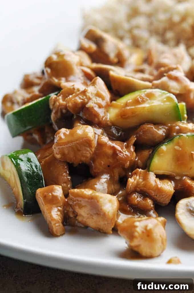 Panda Express Mushroom Chicken copycat recipe with rice on plate