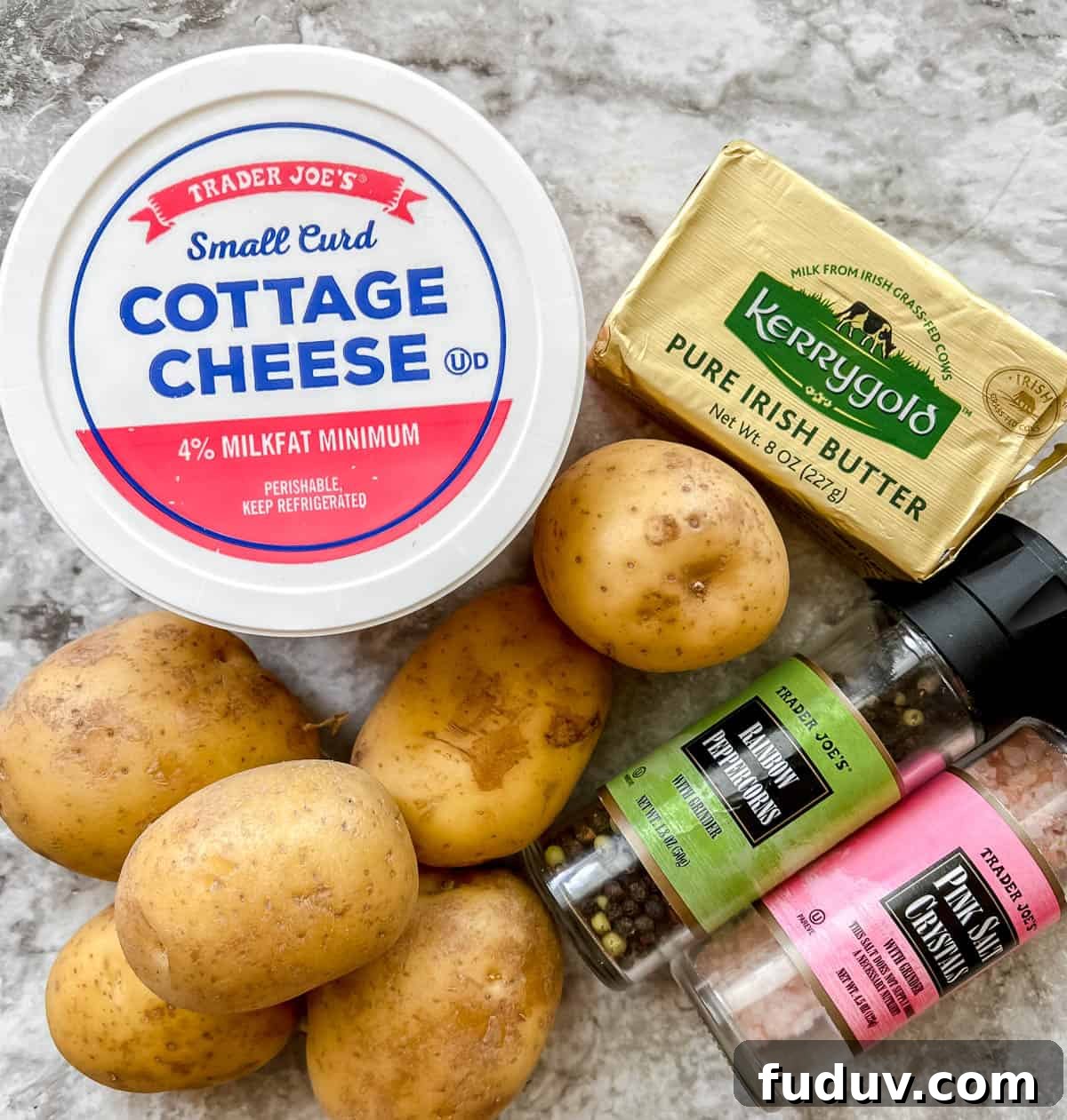 Ingredients needed for cottage cheese mashed potatoes.